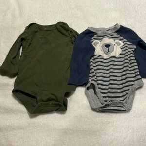 Two 9 months long sleeve onesies- hunter green and blue stripes with cute bear